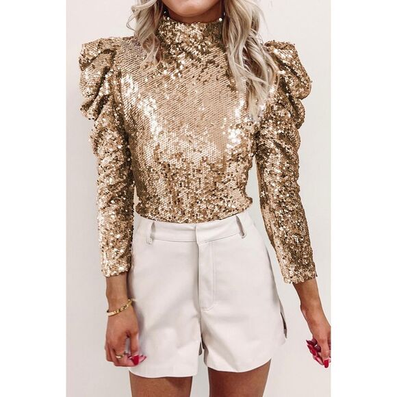 Azura Exchange  Apricot Sequin Mock Neck Bubble Sleeve Top - Picture 6 of 8